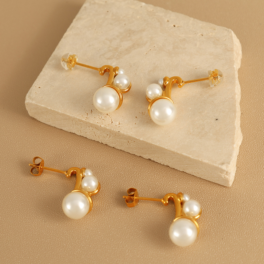 1 Pair Romantic Series Stainless Steel  Gold Color Artificial Pearl Women's Stud Earrings h5 